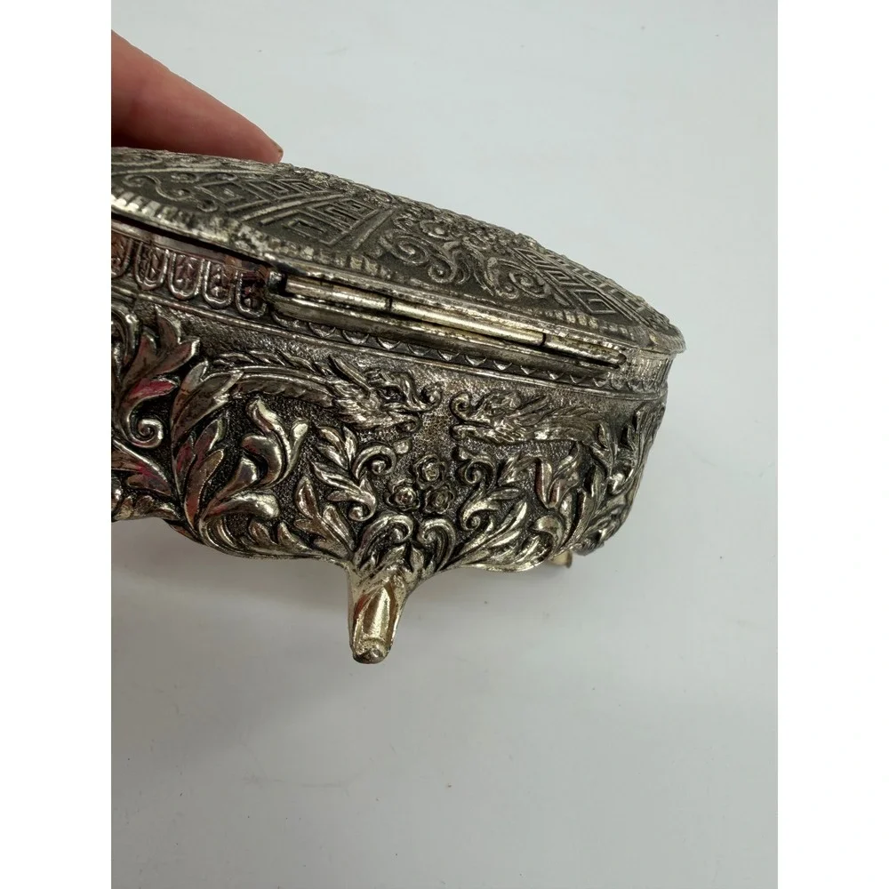 Jewelry Trinket Box Silver Plate Ornate Footed Floral Greek Key Vintage
